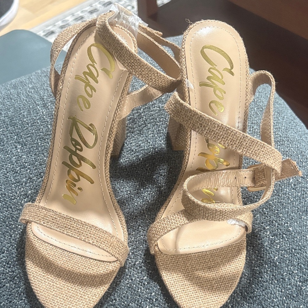 Cape Robbin Tan Woven Strappy Block Heel Sandals